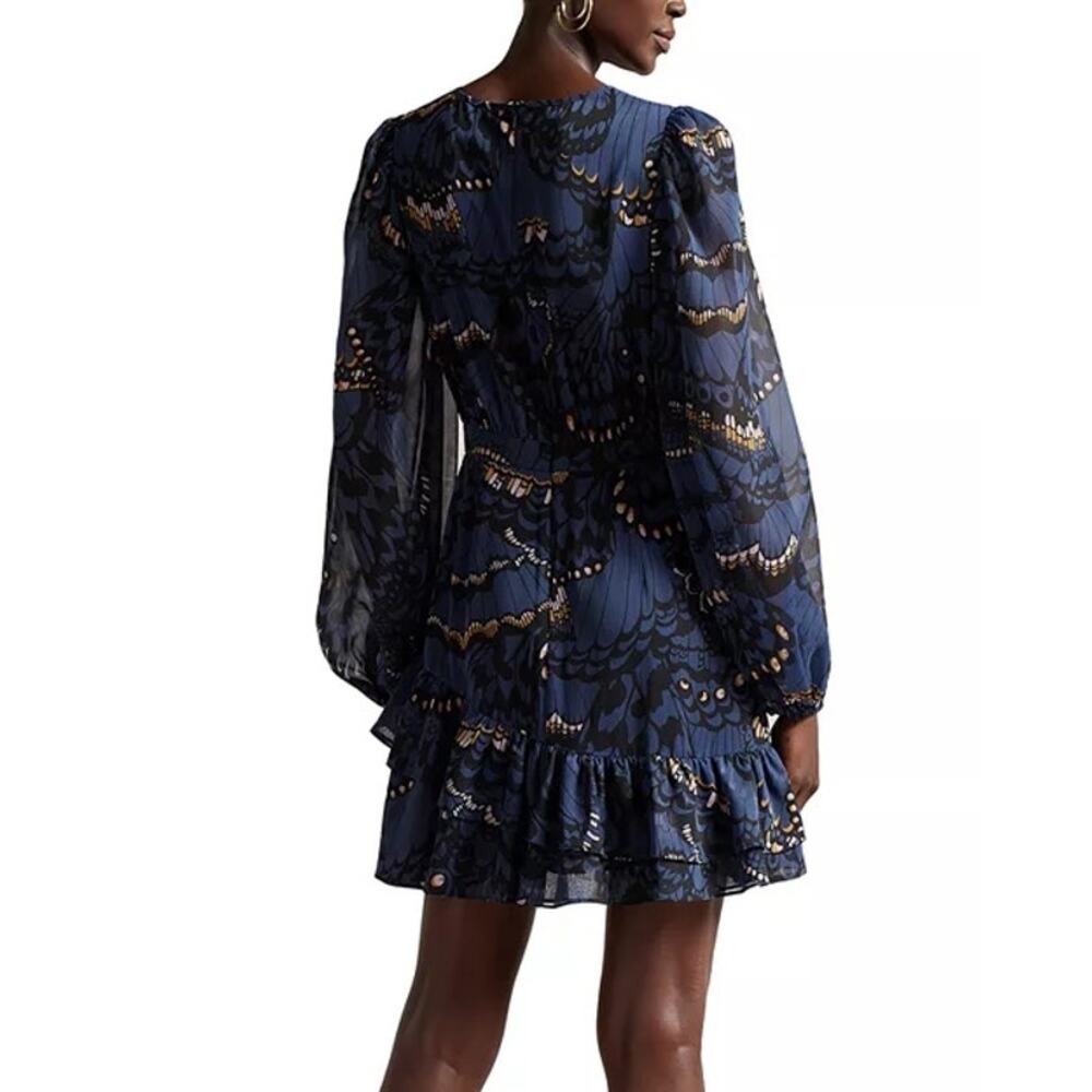 TED BAKER Pollei Ruffled Asymmetric Mini Long-sleeve Dress Size 0 Balloon Sleeve - Picture 7 of 11
